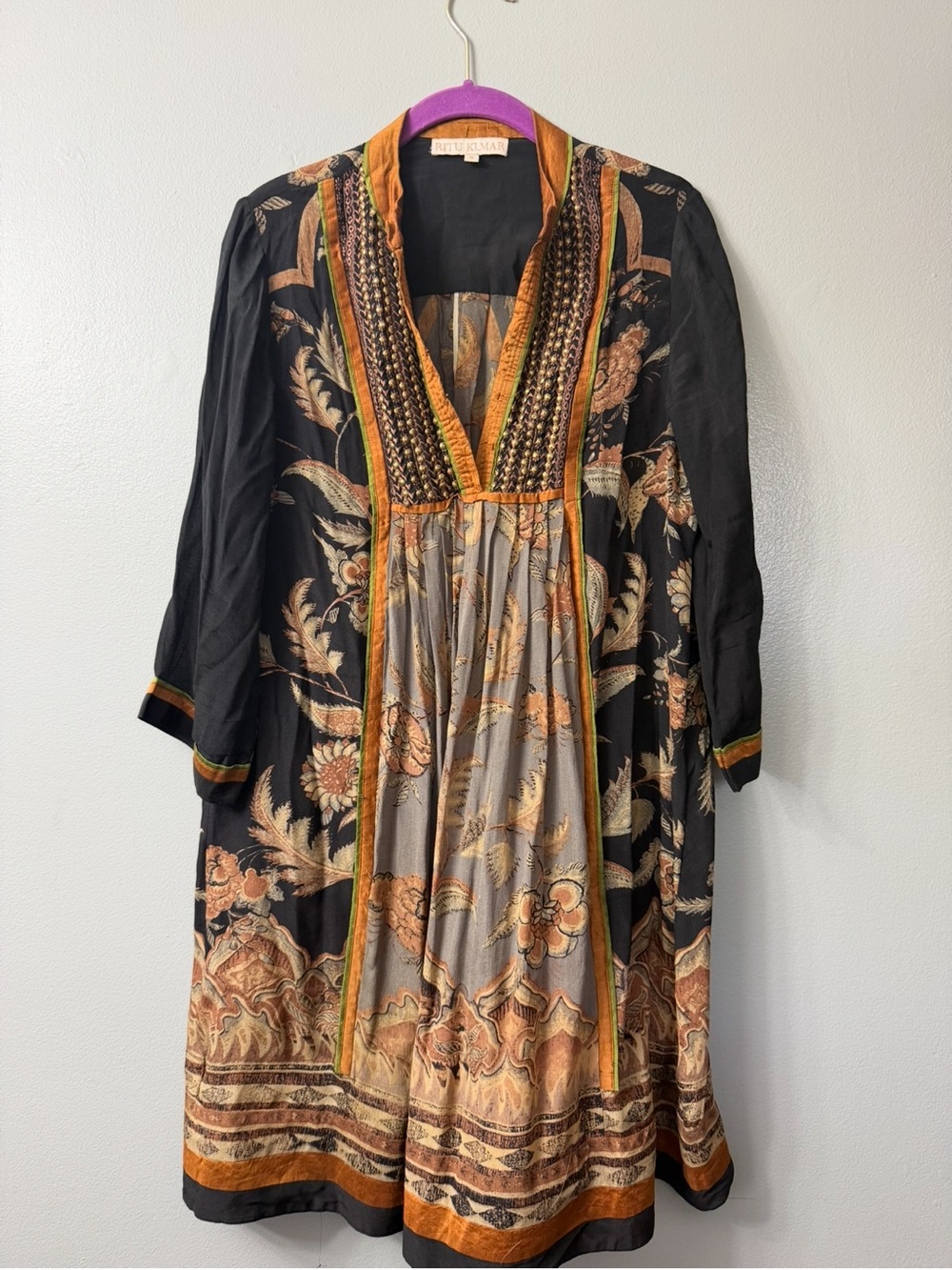 Rita Kumar Silk Black and Tan Floral Embroidered Boho shift Dress medium
